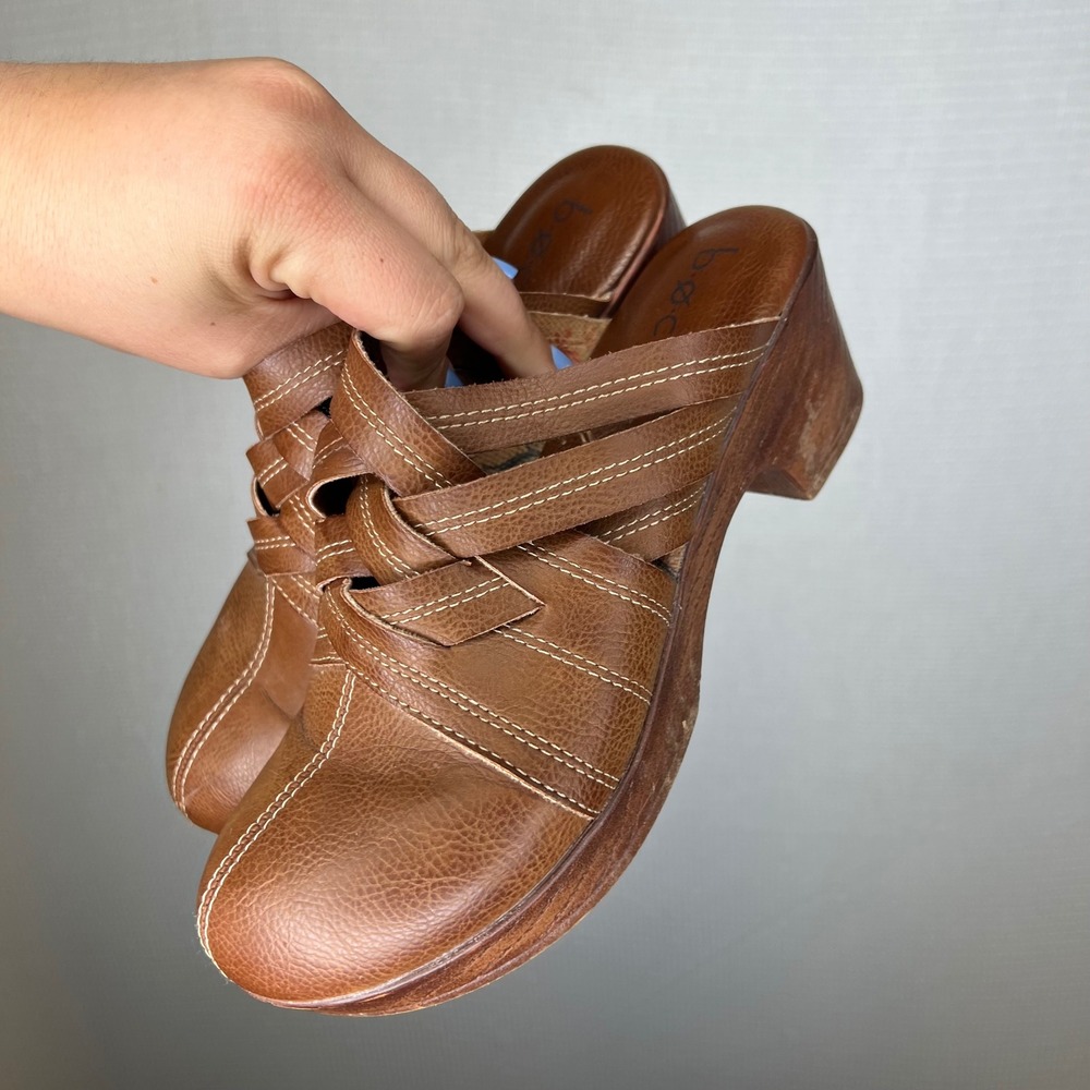 b.o.c. Born Concept Brown Faux Leather Interwoven Clog Mules Wood Block Heel - Picture 3 of 6